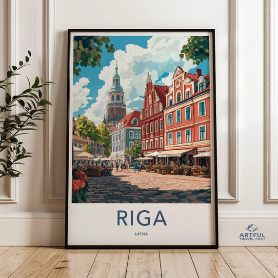 Riga Latvia Wall Art Cityscape Print Travel Poster European Architecture Building Illustration Colorful Home Decor