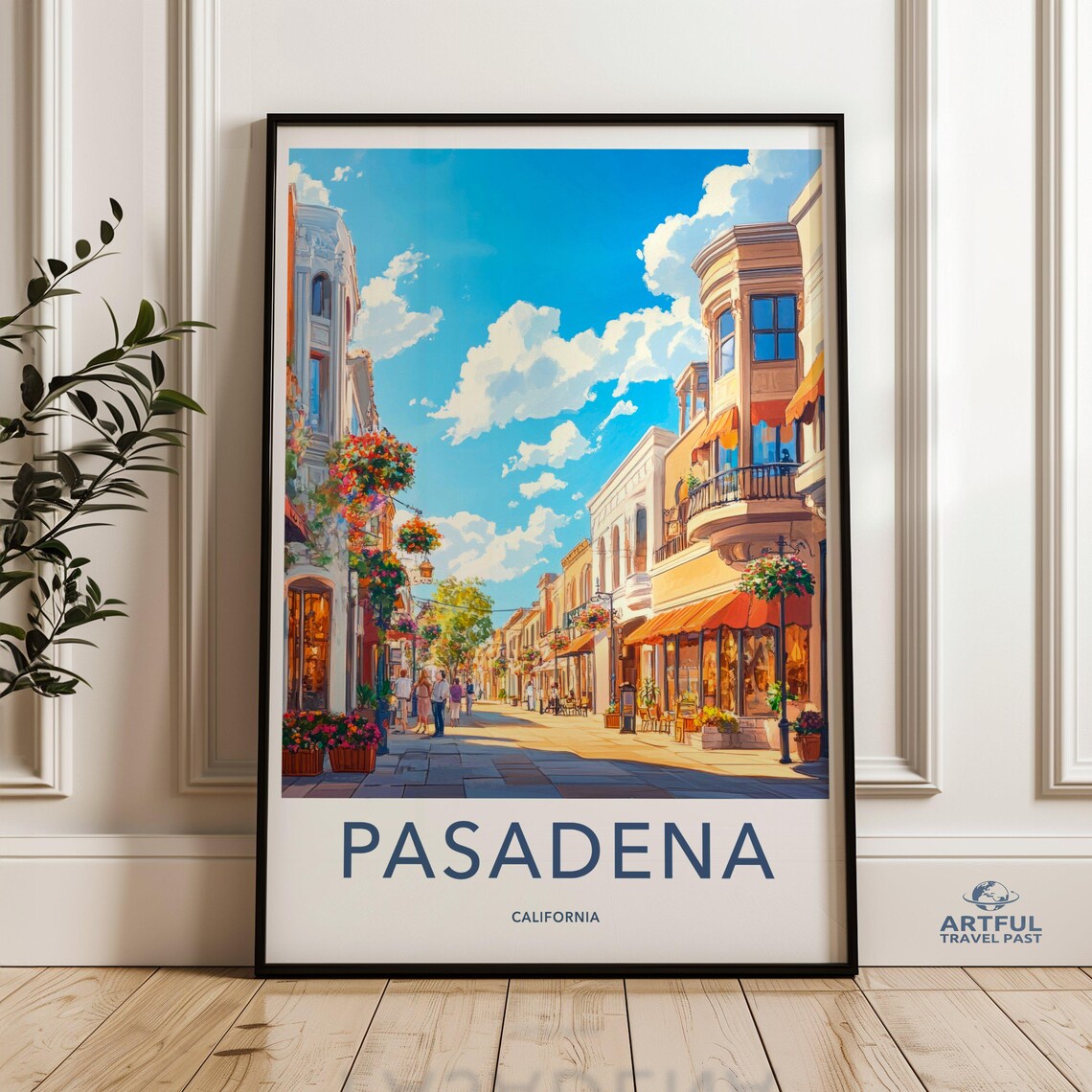 Pasadena California Flower Street Daytime Vintage Travel Poster