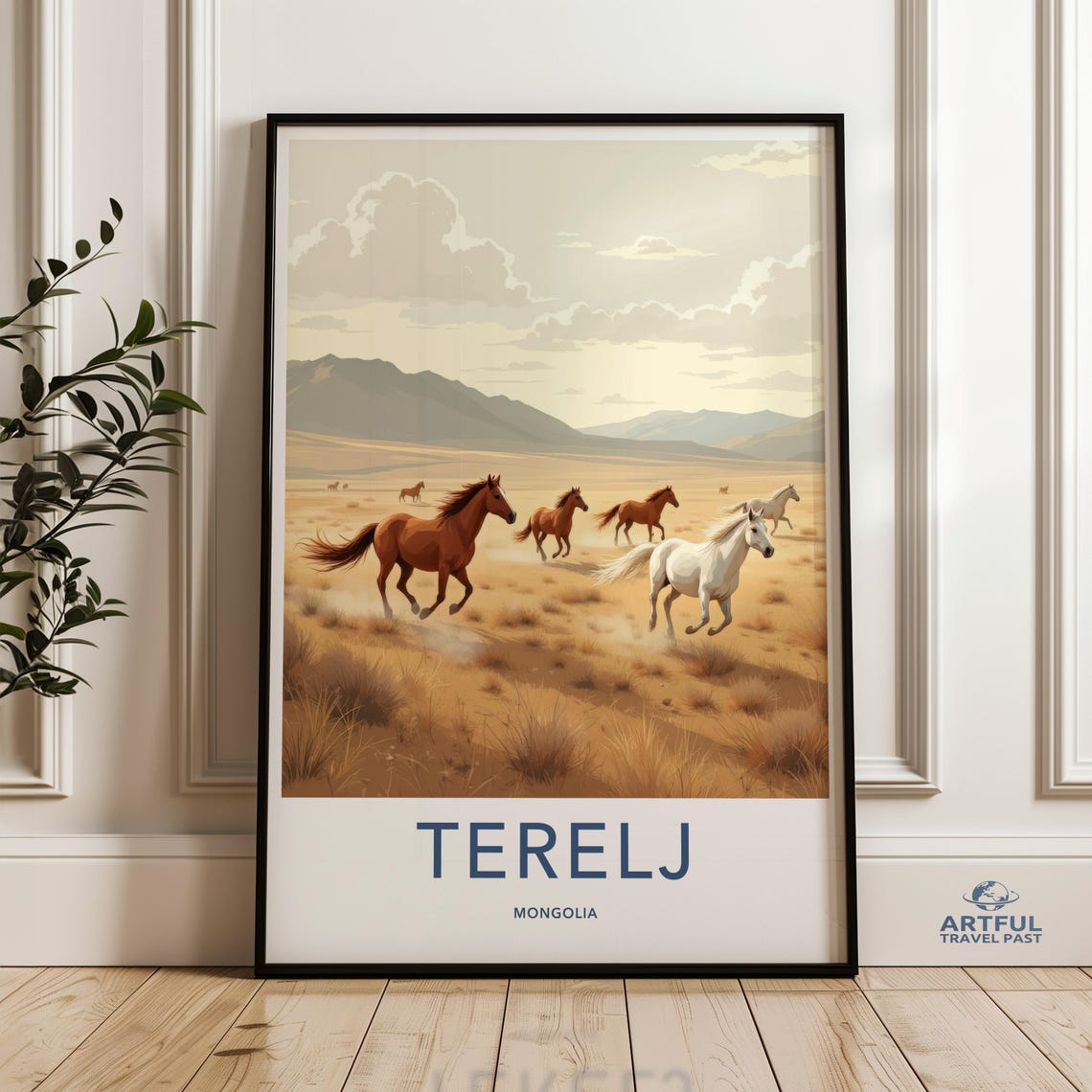 Terelj Mongolia Wild Horses Galloping Steppe Landscape Travel Poster