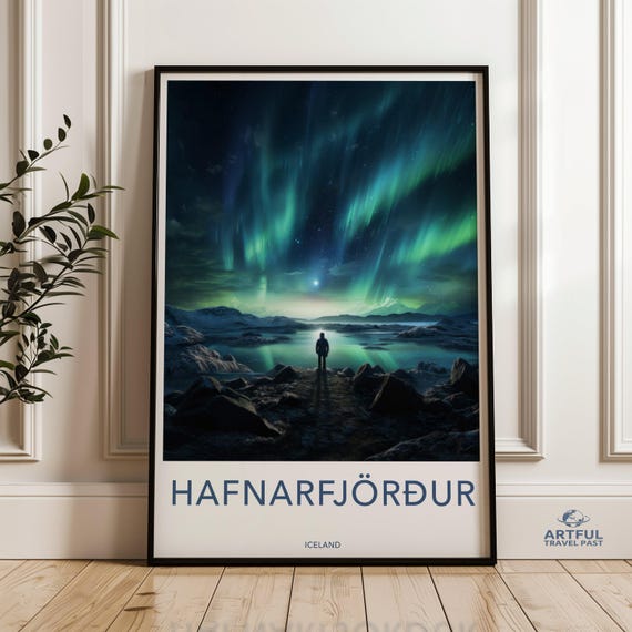 Hafnarfjrur Northern Lights Wall Art Stunning Icelandic Landscape Print Aurora Borealis Photography Scenic Night Sky Poster