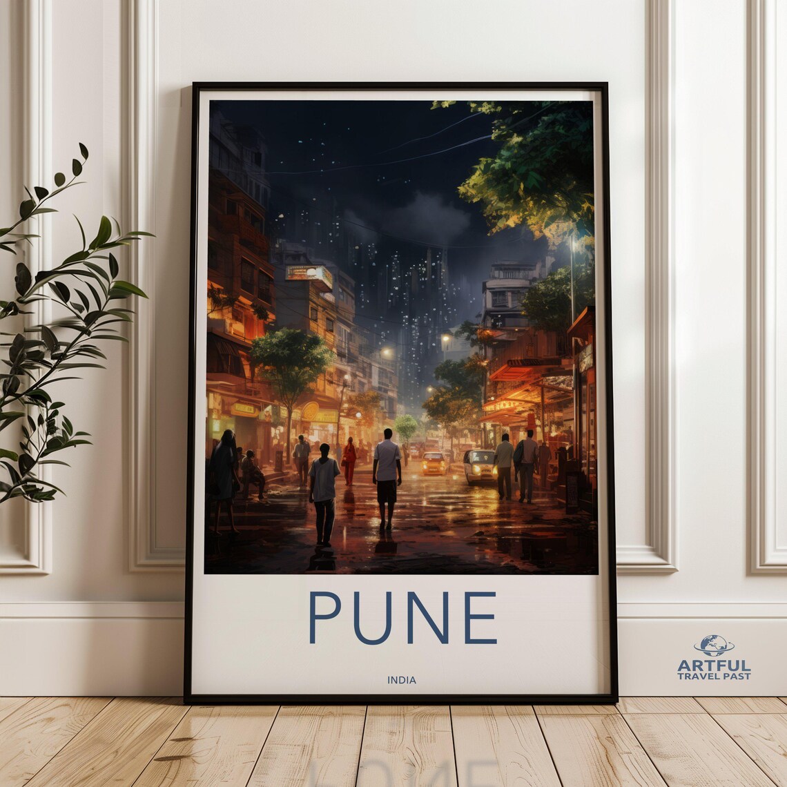 Pune India Night City Street Rain Lights Urban Travel Poster Art