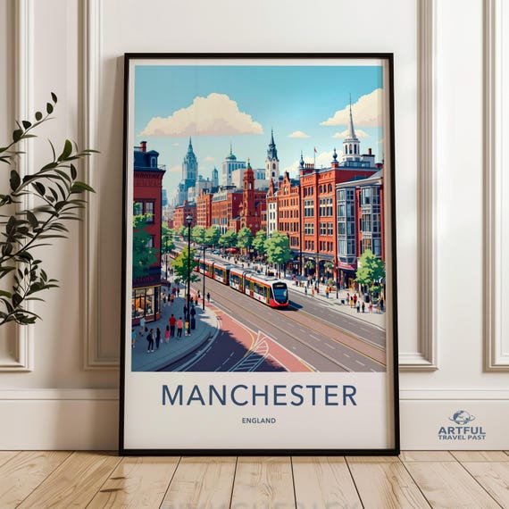 Manchester Cityscape Art Print Modern Wall Decor Travel Poster Uk City Illustration Tram