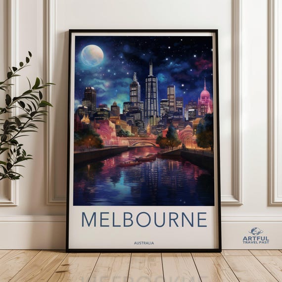 Melbourne Cityscape Night Sky Wall Art Moonlit Print Urban Skyline Vibrant City Decor Artistic Poster