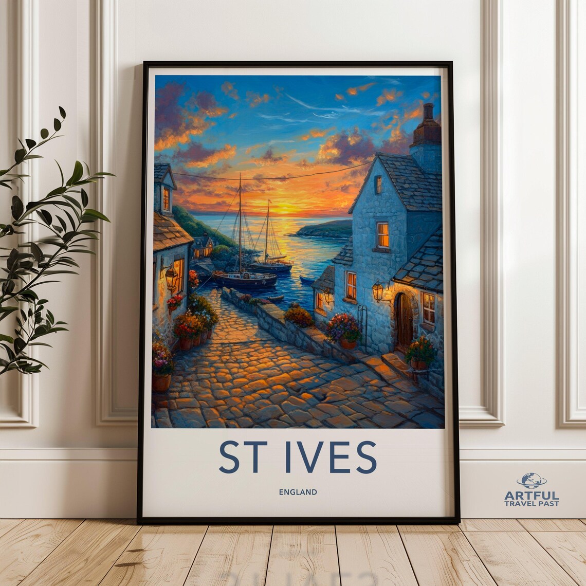 St Ives England Sunset Harbor Cobblestone Sailboats Travel Poster