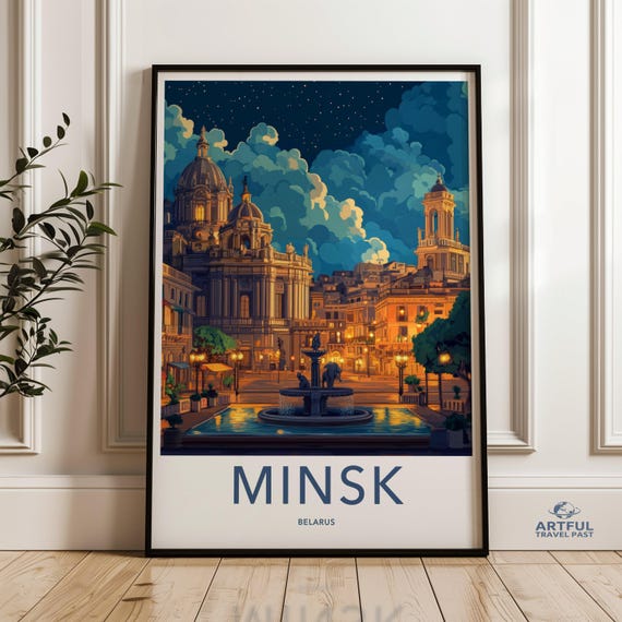 Beautiful Minsk City Skyline Art Print Nighttime Cityscape Illustration Wall Decor Modern Home Decoration Office