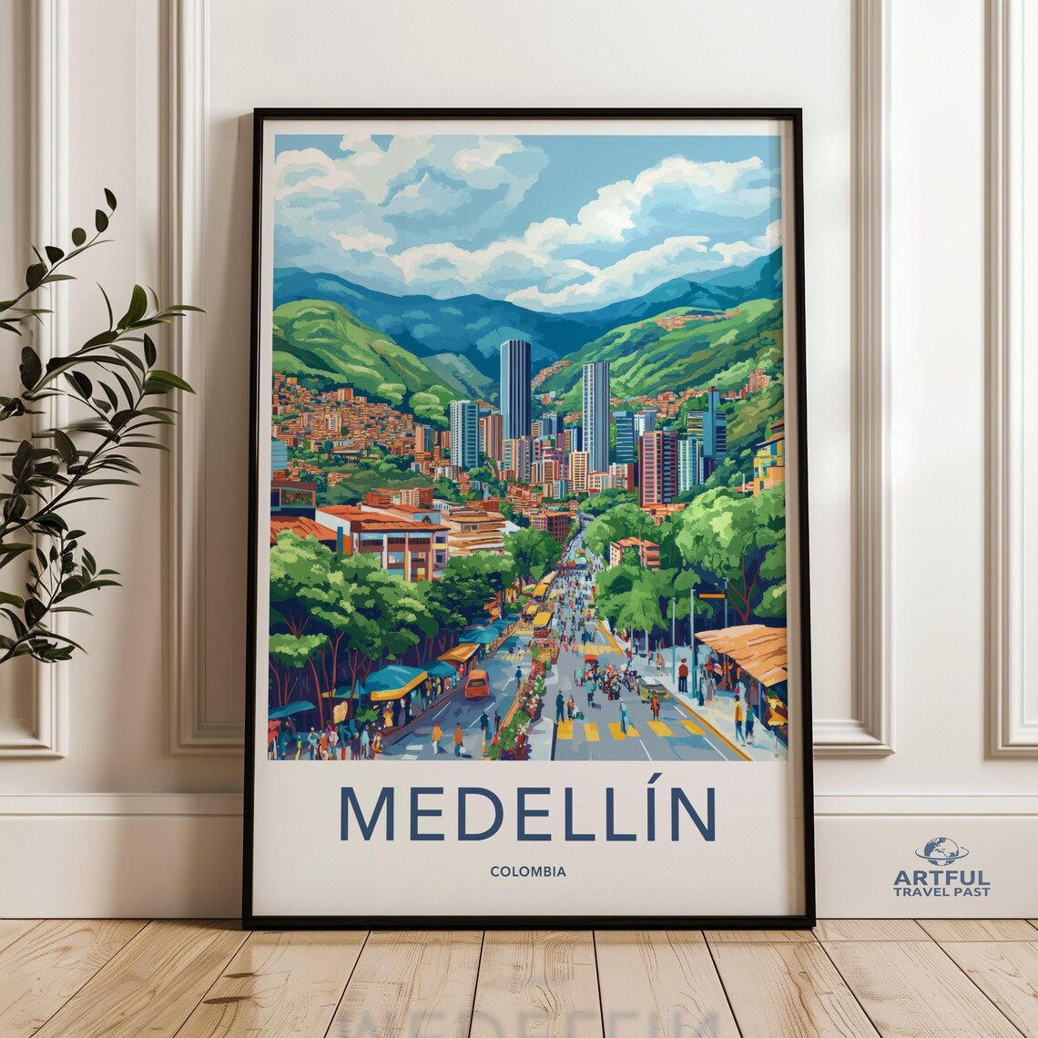 Medellin Colombia Mountain Cityscape Vibrant Street Travel Poster