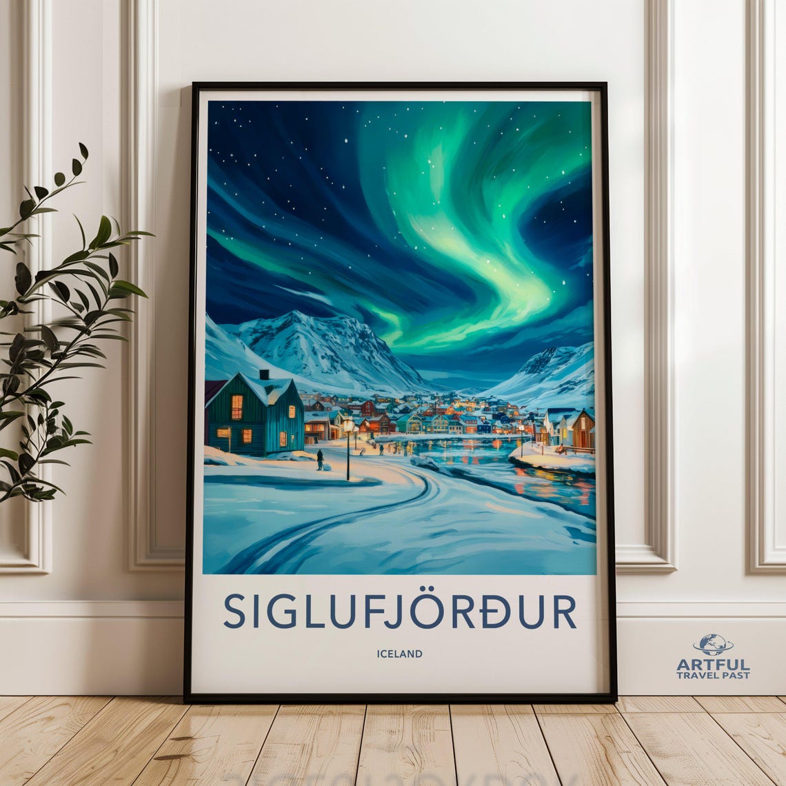 Siglufjörður Iceland Northern Lights Snowy Harbor Travel Poster