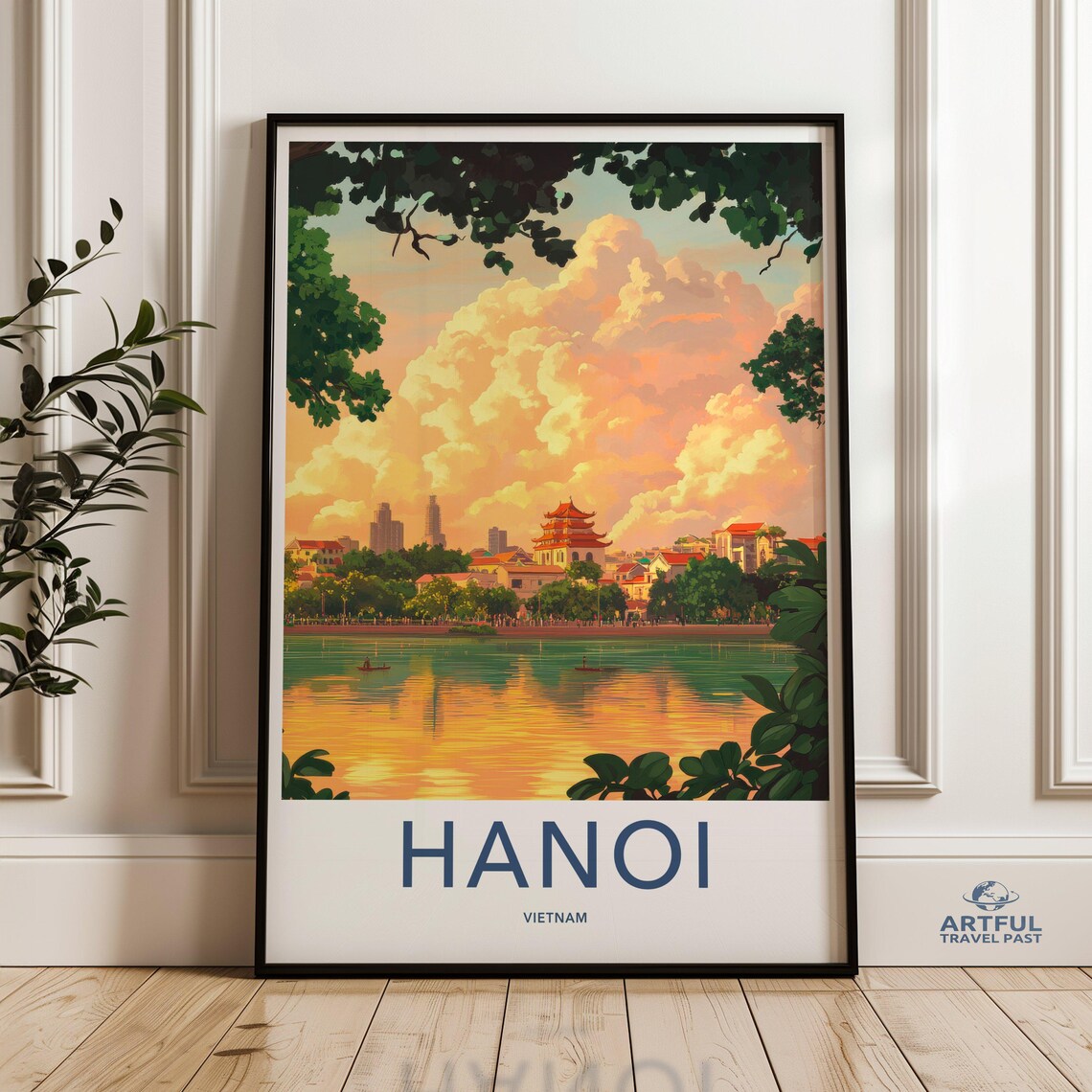 Hanoi Vietnam Hoan Kiem Lake Pagoda Sunset Vintage Travel Poster