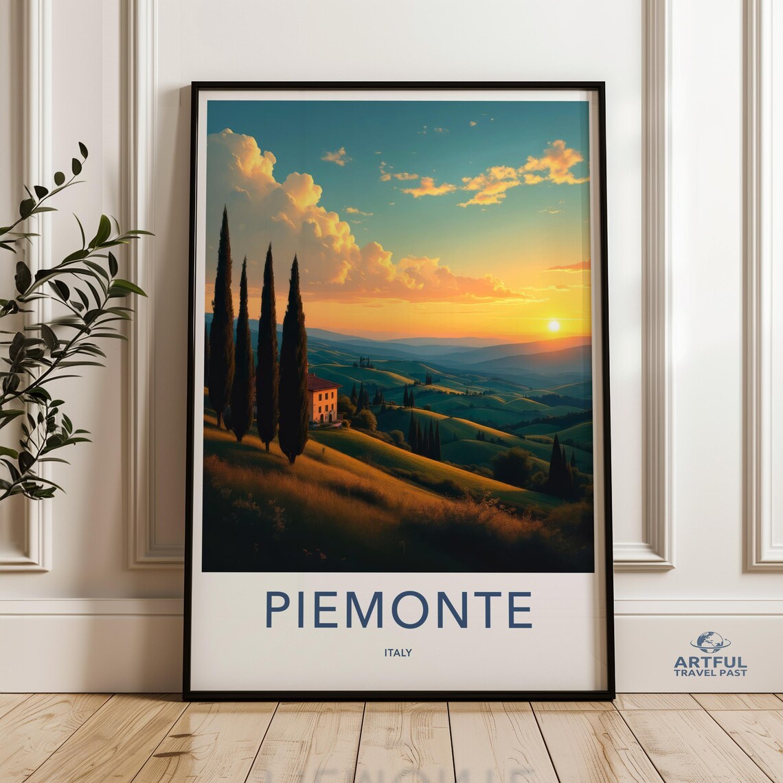 Piemonte Italy Sunset Cypress Hills Villa Vintage Travel Poster