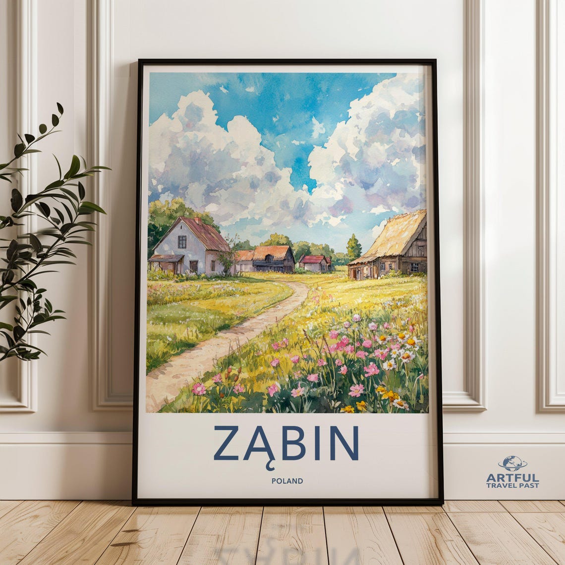Zabin Poland Wall Art Watercolor Village Scene Rural Landscape Painting Countryside Home Decor Travel Poster Polish