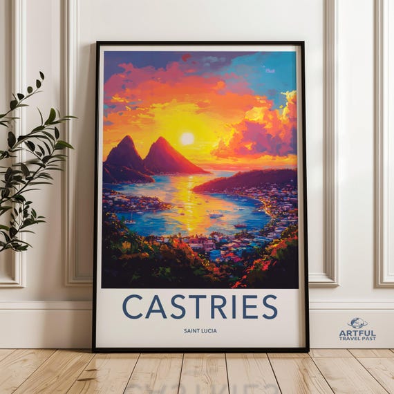 Castries Saint Lucia Sunset Wall Art Caribbean Landscape Print Scenic Beach Decor Vibrant Island Artwork Poster