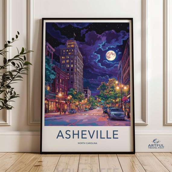Asheville Wall Art Print North Carolina Cityscape Nighttime Street Scene Moonlit Sky Urban Decor City Lights Home