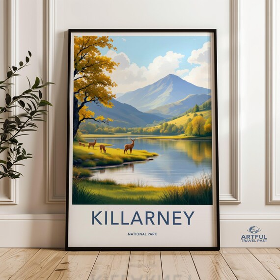 Killarney National Park Ireland Lake Deer Vintage Travel Poster
