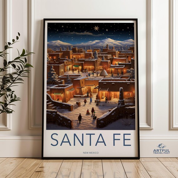 Santa Fe New Mexico Snowy Night Adobe Town Vintage Travel Poster