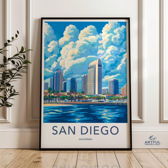 San Diego Skyline Modern Cityscape Wall Art Vibrant Coastal Decor Travel Memory Print Colorful Urban Poster