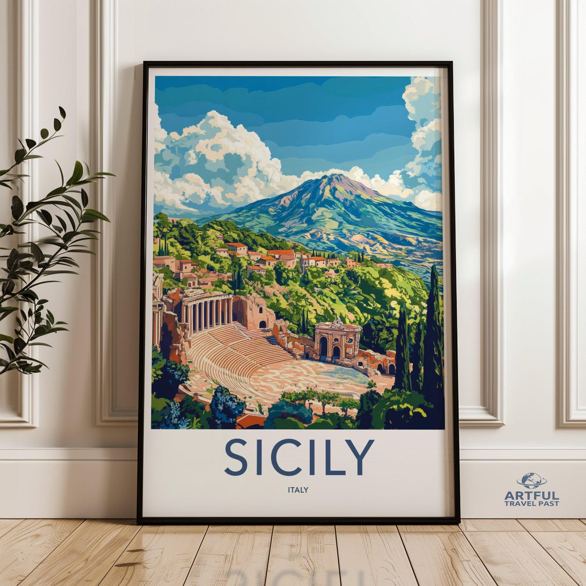 Sunny Sicily Italy Greek Theatre Mount Etna Grand Travel Poster