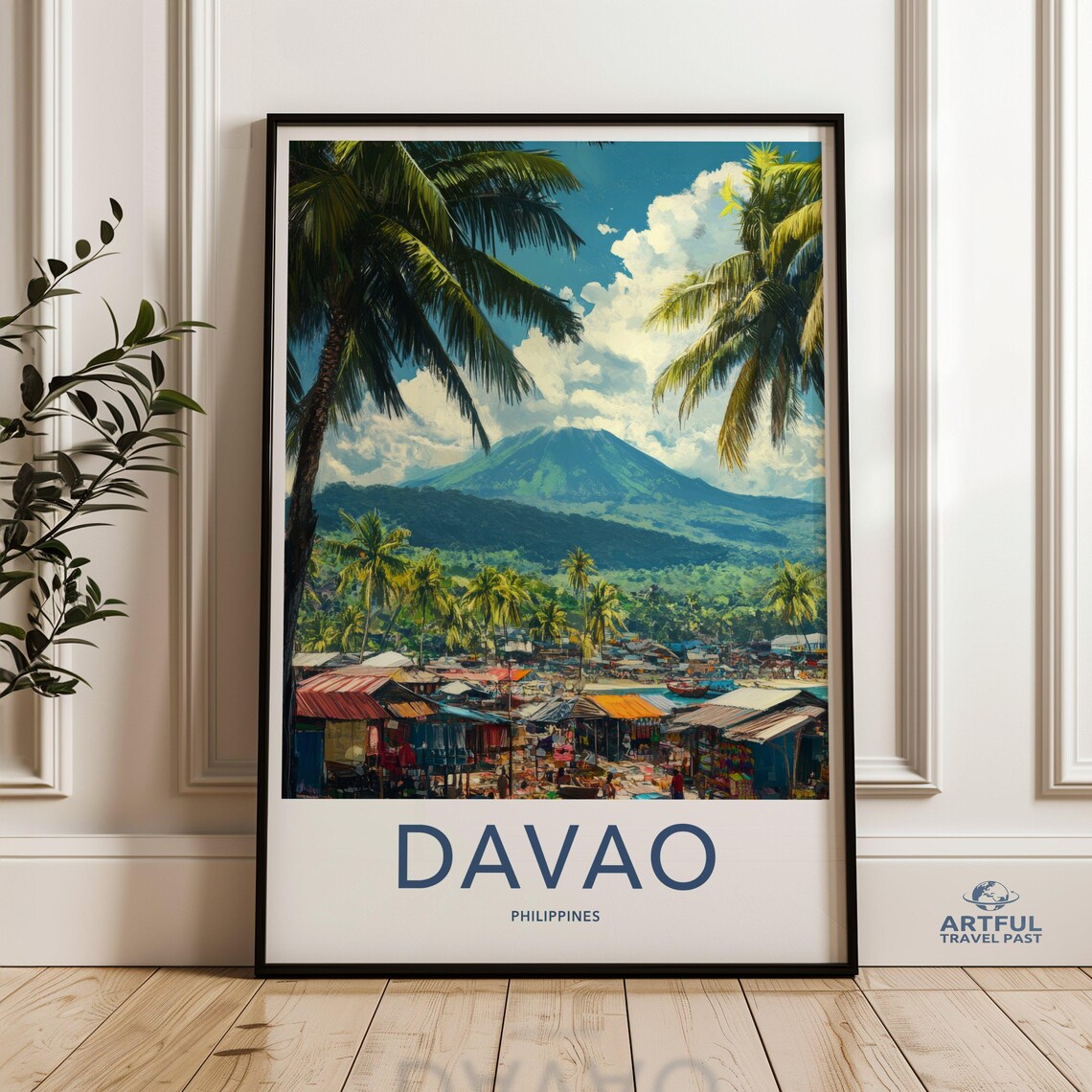 Davao Philippines Coastal Town Palms Mountain Travel Art Poster