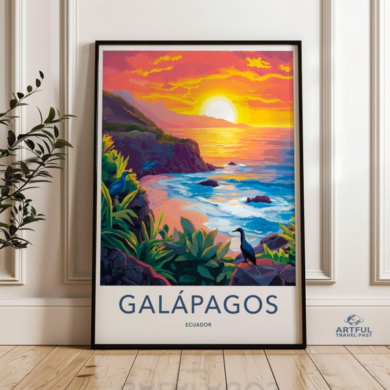 Galapagos Islands Wall Art Sunset Beach Print Ocean View Decor Ecuador Travel Poster Nature Landscape Artwork