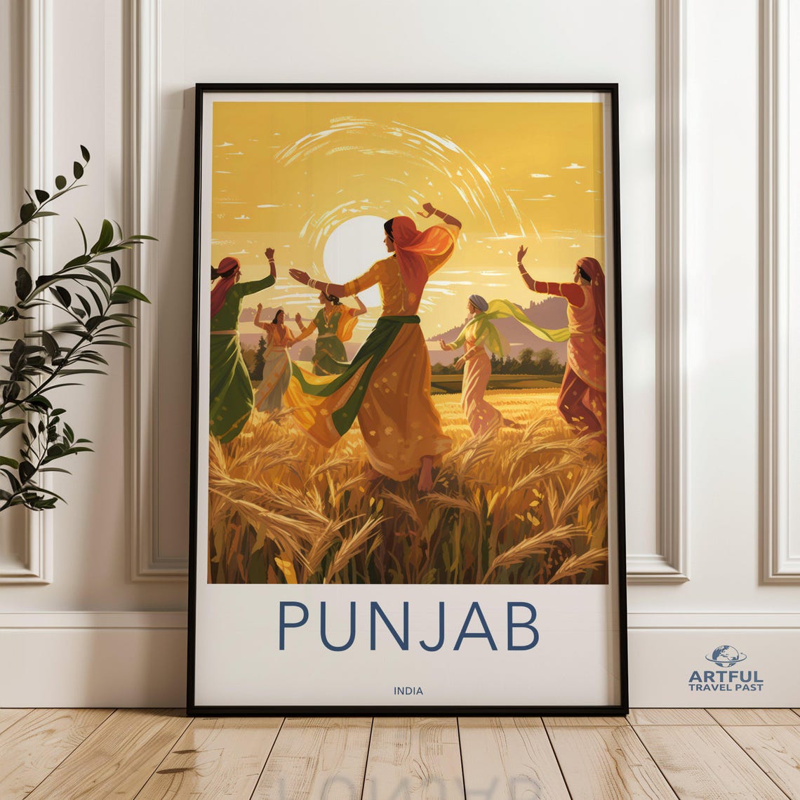 Punjab India Joyful Women Dancing Wheat Field Sunset Travel Poster