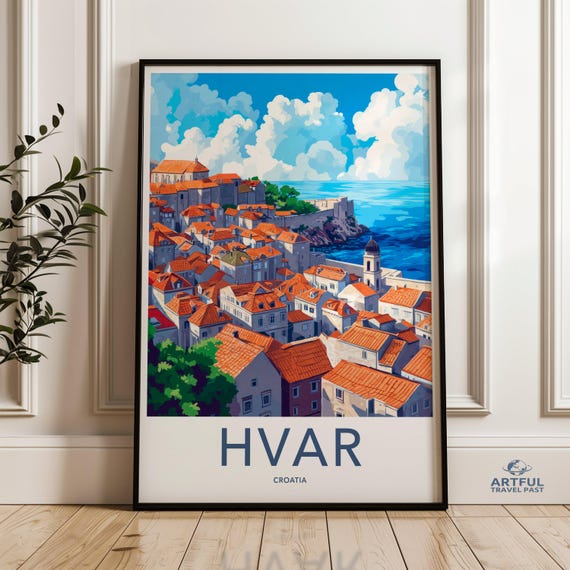 Hvar Croatia Wall Art Coastal Town Print Seaside Village Illustration Mediterranean Poster Travel Decor