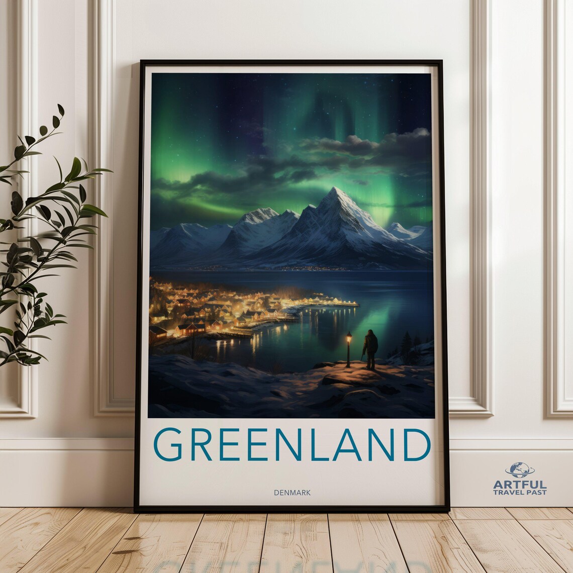 Greenland Northern Lights Snowy Peaks Fjord Night Travel Poster
