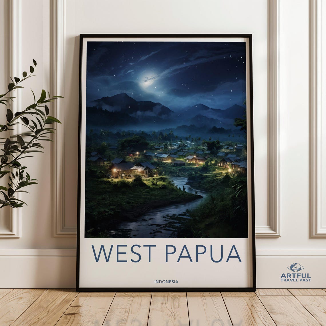West Papua Wall Art Night Sky Village Landscape Indonesian Cultural Decor Historical Context Artwork Scenic Nature Print