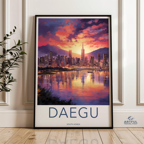 Daegu South Korea Wall Art Cityscape Skyline Print Vibrant Sunset Artwork Modern Home Decor Urban Night Sky Illustration