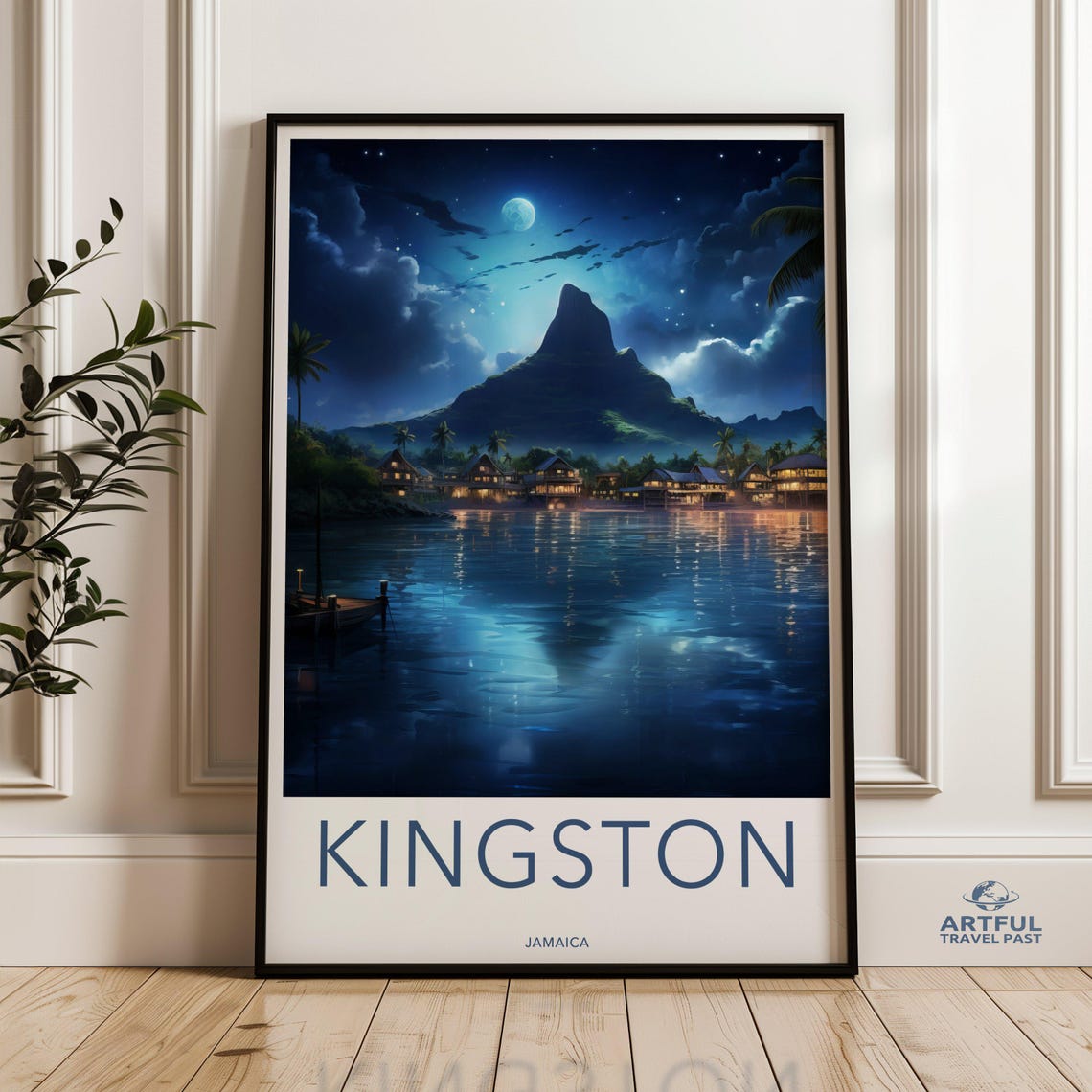 Kingston Jamaica Night Skyline Stunning Mountain View Wall Art Moonlit Waterfront Decor Dreamy Island Nightscape Caribbean Serenity