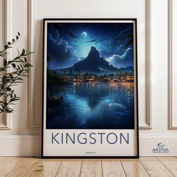 Kingston Jamaica Night Skyline Stunning Mountain View Wall Art Moonlit Waterfront Decor Dreamy Island Nightscape Caribbean Serenity