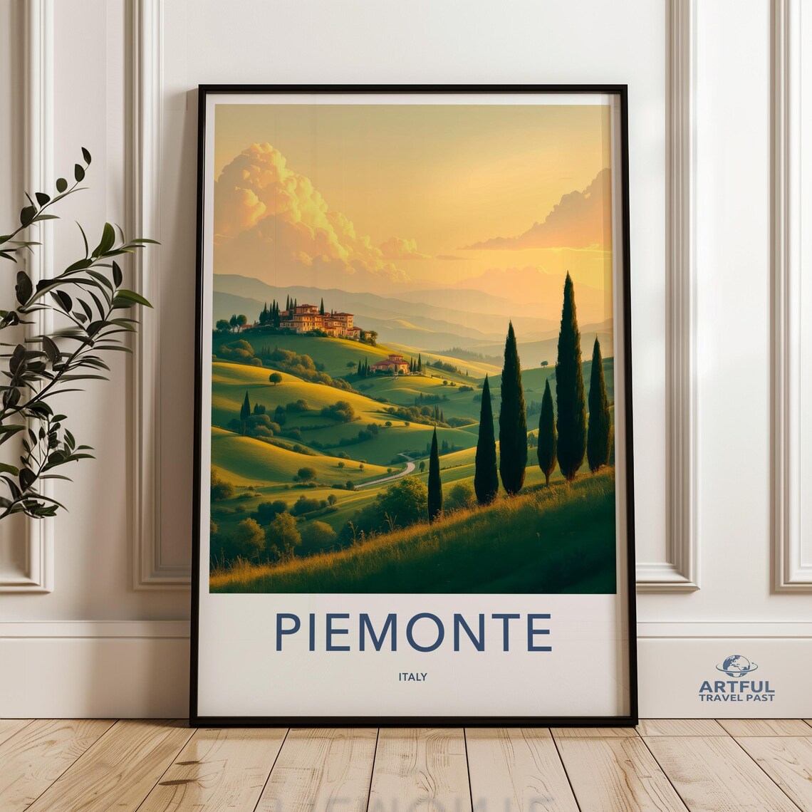 Piemonte Italy Travel Poster Golden Cypress Hills Sunset Art
