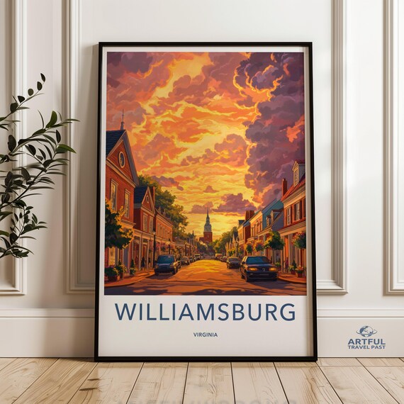 Williamsburg Virginia Travel Poster Sunset Historic Street Vintage Art