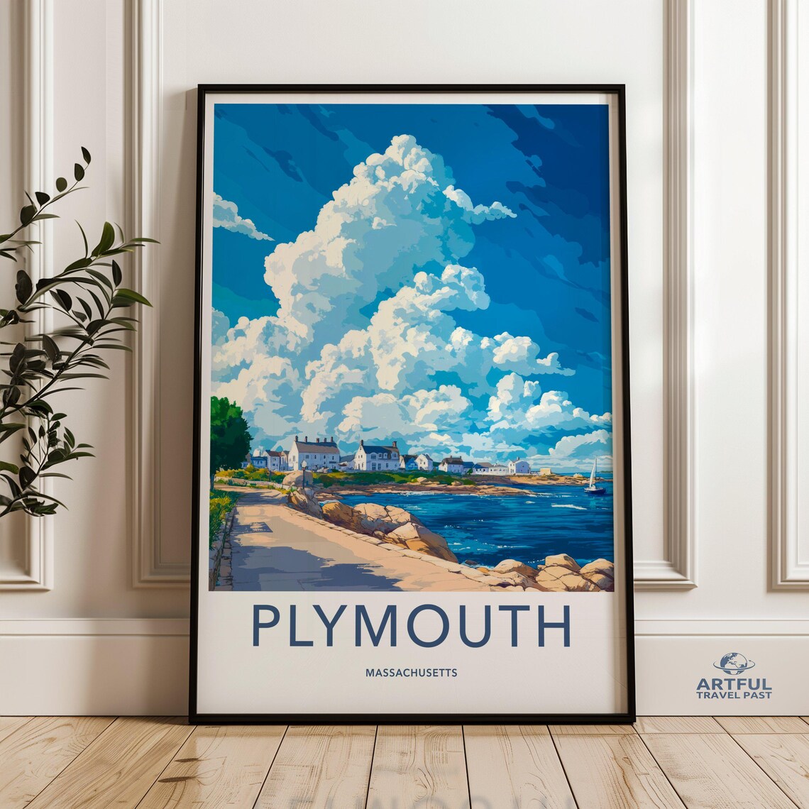Plymouth Massachusetts Rocky Coast Sailboat Blue Sky Travel Poster