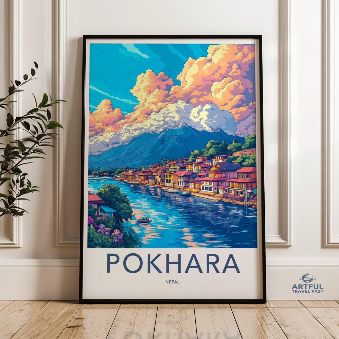 Pokhara Nepal Sunset Lake Town Colorful Scenic Travel Poster