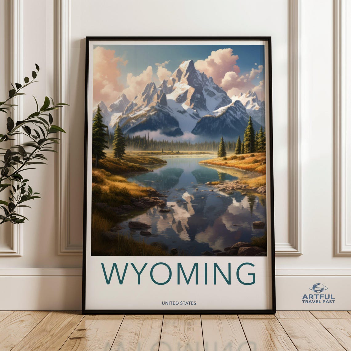 Wyoming Mountain River Reflection Pines Vintage Travel Poster