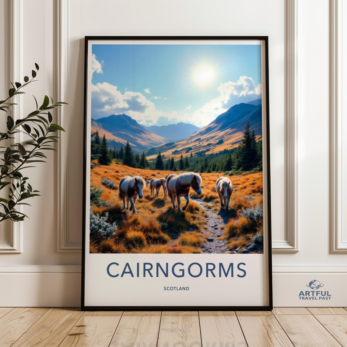 Cairngorms Scotland Travel Poster Ponies in a Golden Autumn Valley