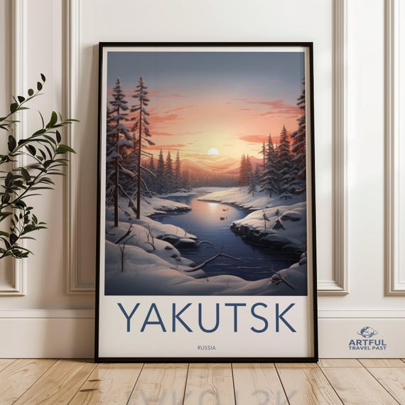 Yakutsk Winter Landscape Wall Art Sunset River Scene Snowy Forest Painting Russian Nature Serene Wonderland Print