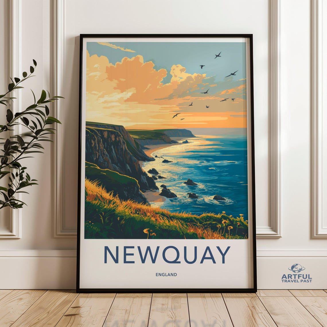 Newquay England Cliffs Sunset Ocean Coast Vintage Travel Poster
