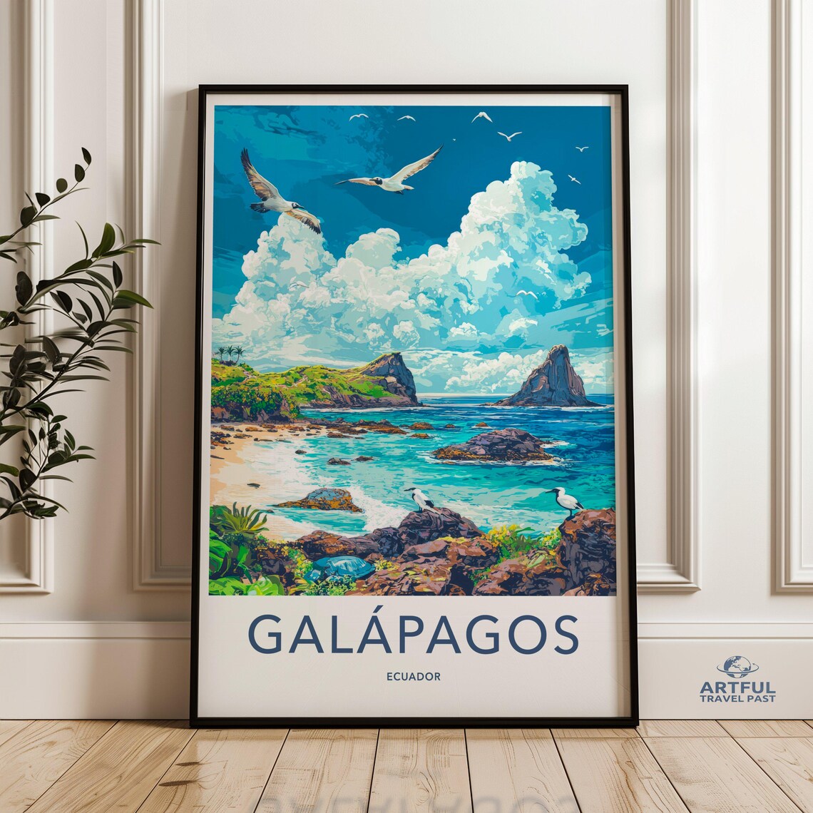 Galapagos Ecuador Seabird Rocky Coast Travel Illustration Poster