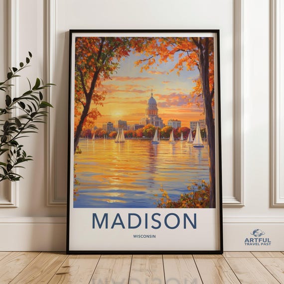 Madison Wisconsin Capitol Sunset Sailboats Travel Style Poster