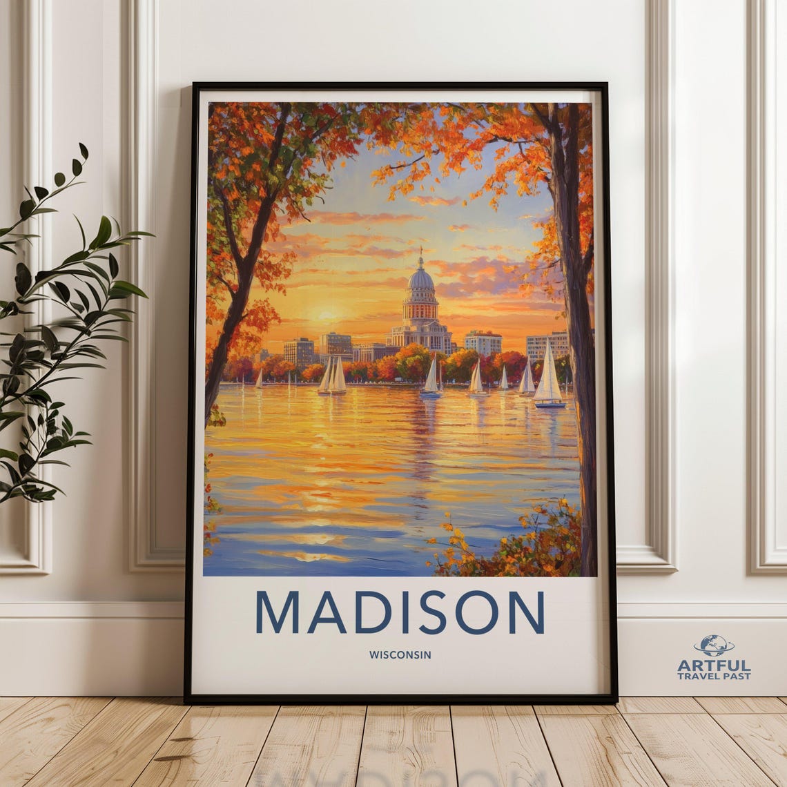 Madison Wisconsin Capitol Sunset Sailboats Travel Style Poster