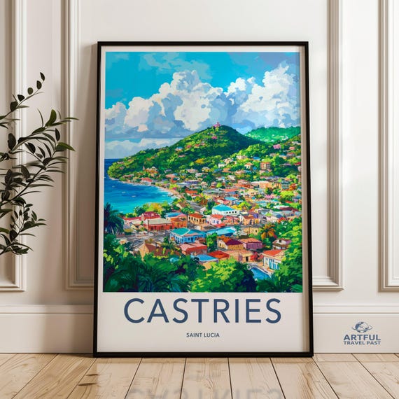 Castries Saint Lucia Travel Poster, Caribbean Cityscape