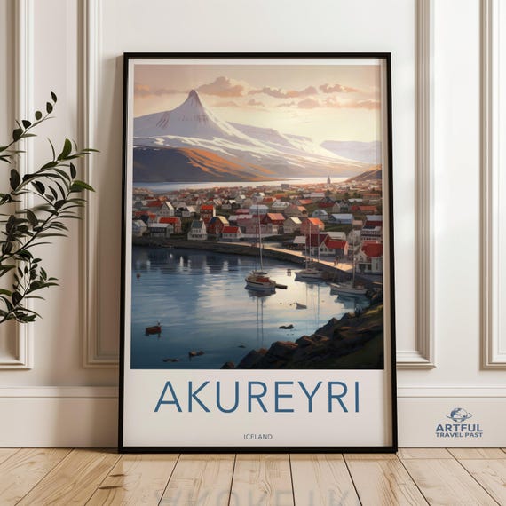 Akureyri Iceland Cityscape Wall Art Nordic Town Poster Scenic Landscape Print Mountain And Harbor Artwork Home Decor