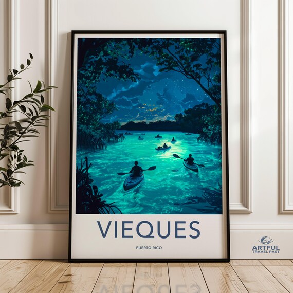 Vieques Puerto Rico Night Kayak Bioluminescent Bay Travel Poster