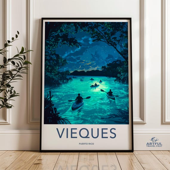 Vieques Puerto Rico Wall Art Kayaking Print Bioluminescent Bay Decor Island Travel Poster Tropical Landscape Vacation Souvenir