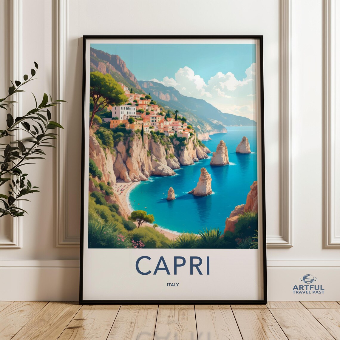 Capri Italy Travel Poster Faraglioni Cliffs Turquoise Sea Art