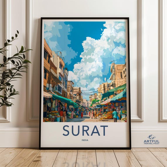 Surat India Wall Art Vibrant Street Market Scene Poster Beautiful Canvas Print Colorful Urban Artwork Cityscape Home Decor