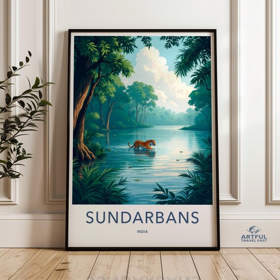 Tiger In Sundarbans Wall Art Nature Landscape Poster Exotic Wildlife Print India Scenic Decor Jungle River Scene Artwork