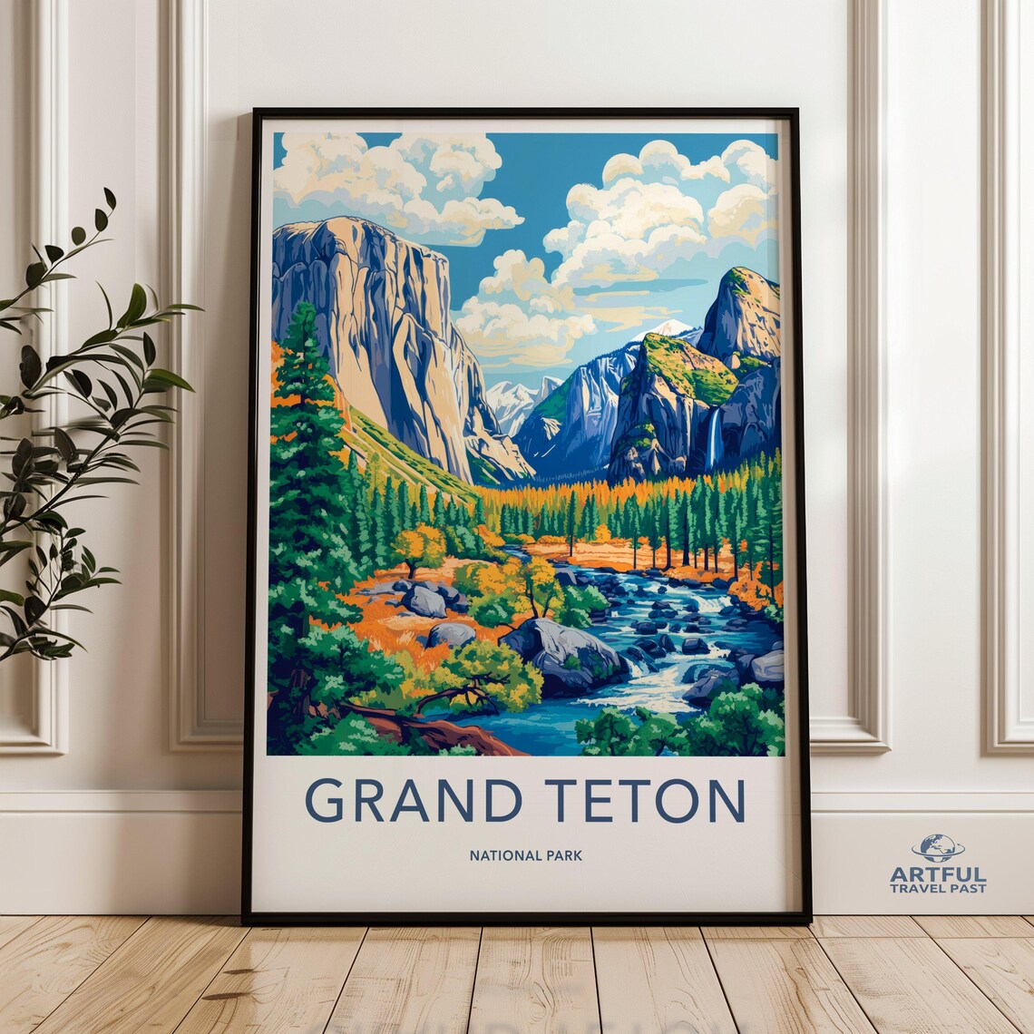 Grand Teton National Park Mountain Valley Vintage Travel Poster