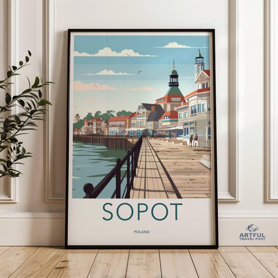 Sopot Poland Wall Art Print Vintage Travel Poster Coastal Cityscape Decor Seaside Town Illustration Scenic Harbor Artwork