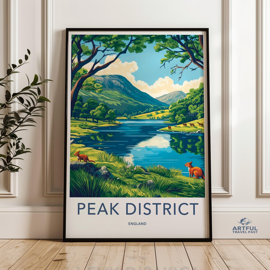 Peak District England Retro Travel Lake Mountains Wildlife Poster